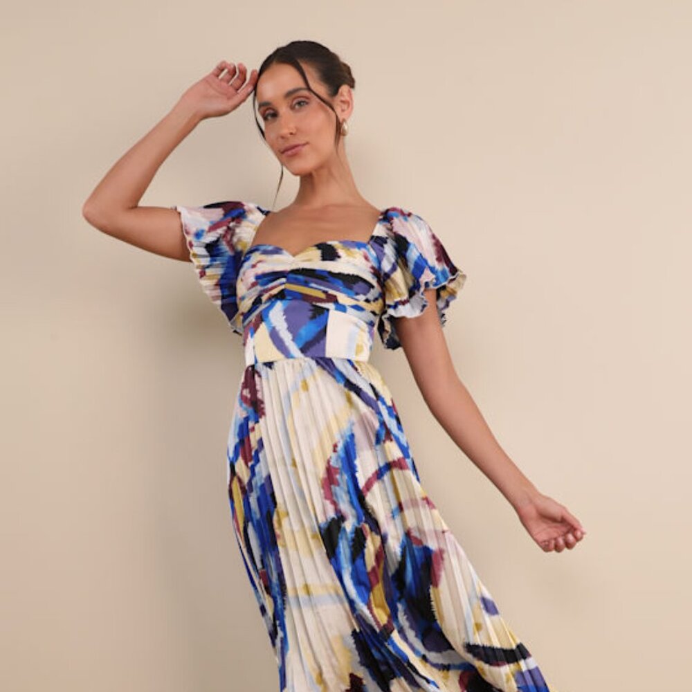 Lulus Authentically Yours Blue Multi Abstract Print Satin Midi Dress - Size XXL